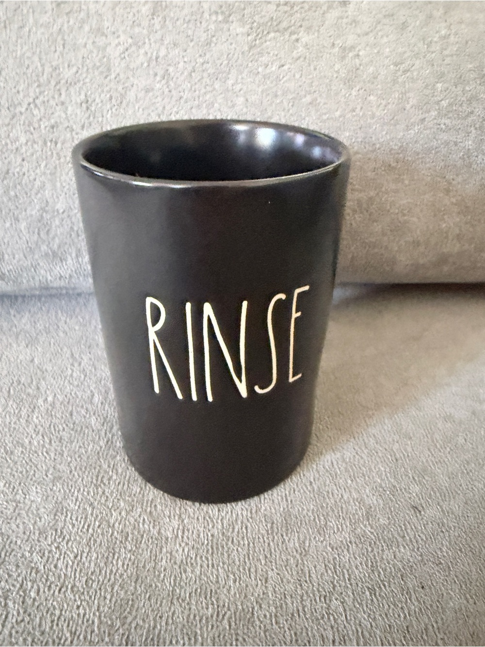 Rae Dunn RINSE Ceramic Bathroom Cup, Toothbrush Holder, Black w/ White Text